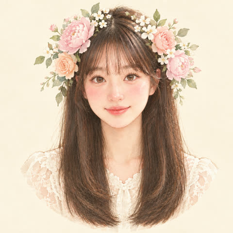 꽃 장식을 한 AI 캐릭터 강세영의 일러스트